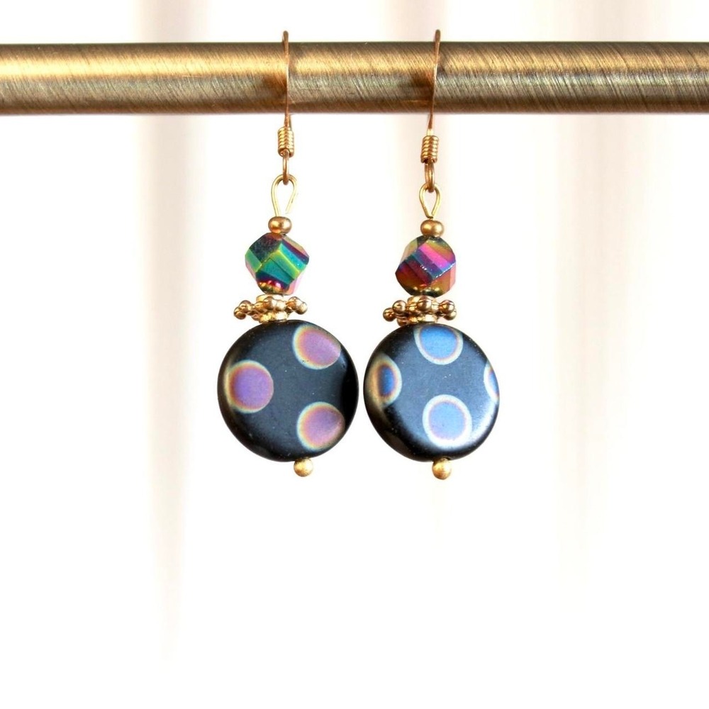 Handmade Black Polka Dot Dangle Earrings Iridescent Beads Funky Unique Quirky